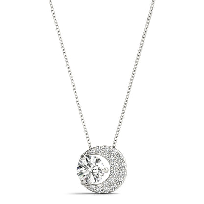 Crescent moon pendant with round diamond in white gold, featuring pave-set lab-grown diamonds on a delicate 16-inch chain
