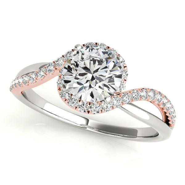 Two-tone engagement ring with 1CT Round Lab Diamond, twisted halo design crafted in 14K White and Rose Gold with 36 pavé diamonds