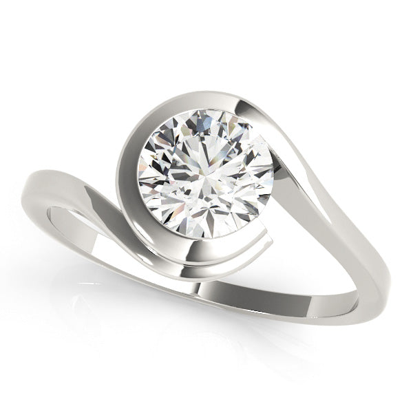 Minimalist engagement ring featuring 1CT Round Lab Diamond, bezel setting, and bypass 14K White Gold band with smooth curves