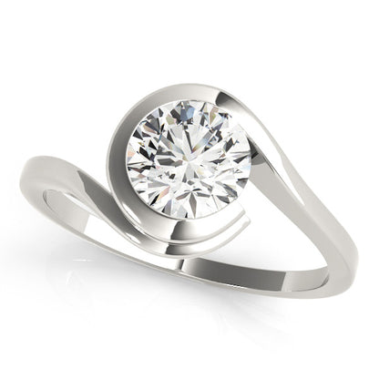 Minimalist engagement ring featuring 1CT Round Lab Diamond, bezel setting, and bypass 14K White Gold band with smooth curves