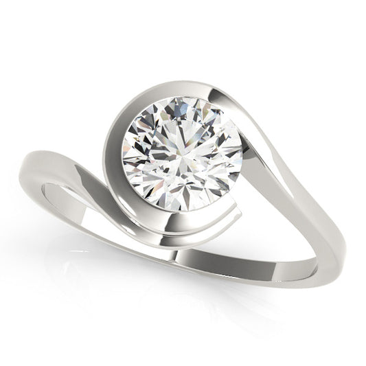 Minimalist engagement ring featuring 1CT Round Lab Diamond, bezel setting, and bypass 14K White Gold band with smooth curves