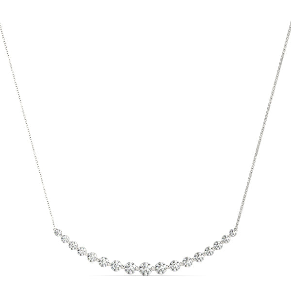 White gold lab diamond bar necklace with graduated round diamonds, 1CT total weight, 16-inch chain.