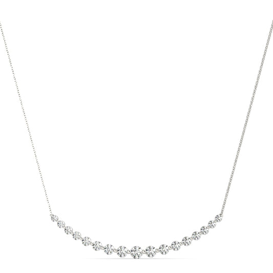 White gold lab diamond bar necklace with graduated round diamonds, 1CT total weight, 16-inch chain.