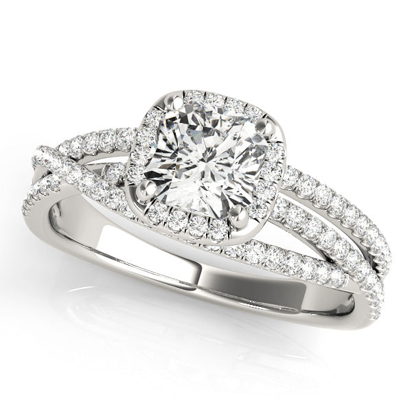 Split-shank engagement ring with 1CT Cushion Cut Lab Diamond, diamond halo and 58 side stones crafted in 14K White Gold