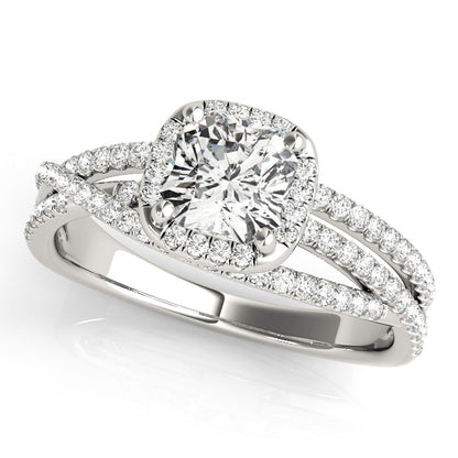 Split-shank engagement ring with 1CT Cushion Cut Lab Diamond, diamond halo and 58 side stones crafted in 14K White Gold