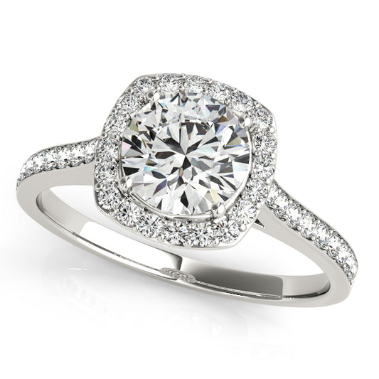 Elegant round-cut engagement ring with 1CT Round Lab Diamond, cushion halo, 38 pavé diamonds in 14K White Gold