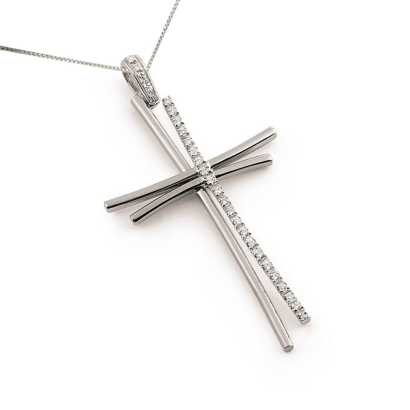 Diamond cross pendant in 18K white gold with split curved bars and natural round diamonds, Encore DT exclusive Italian design