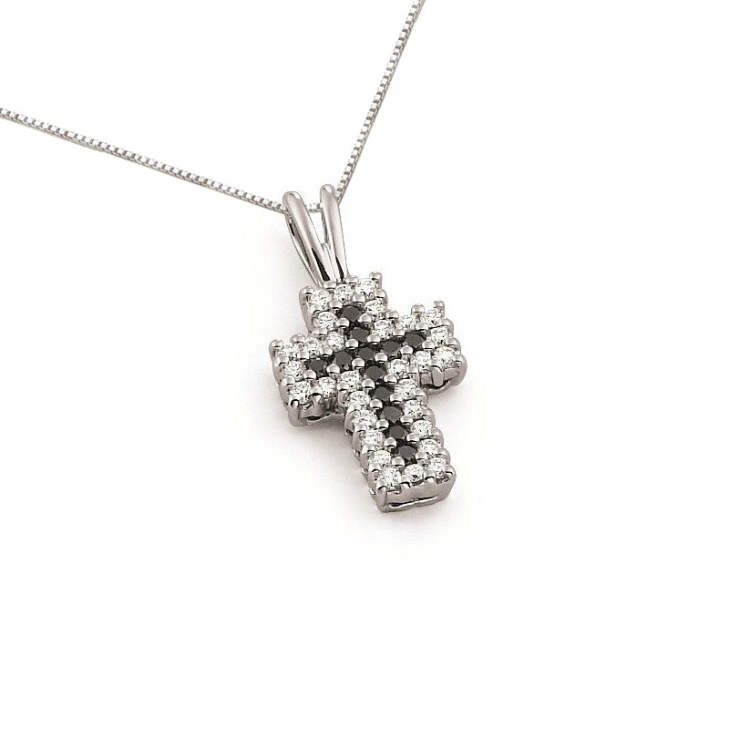 Diamond cross pendant with black and white natural round diamonds in 18K white gold, bold geometric design, Encore DT Italian made