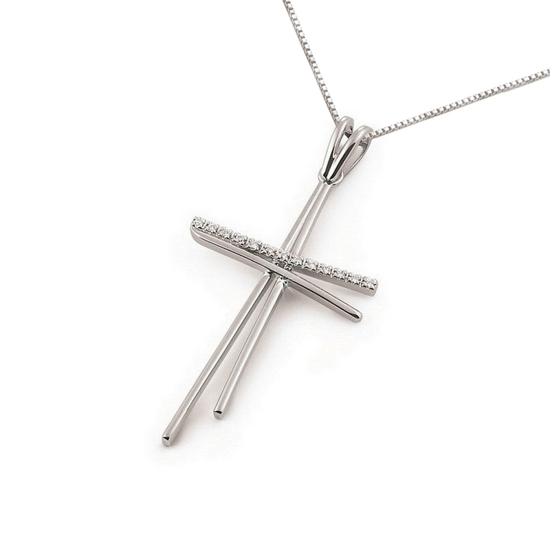 Diamond double cross pendant in 18K white gold with sleek split bars and natural round diamonds, Encore DT exclusive Italian design