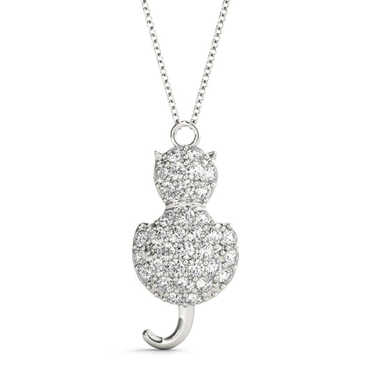 White gold cat-shaped diamond pendant with pave-set VS1, E color diamonds on a 16-inch chain.
