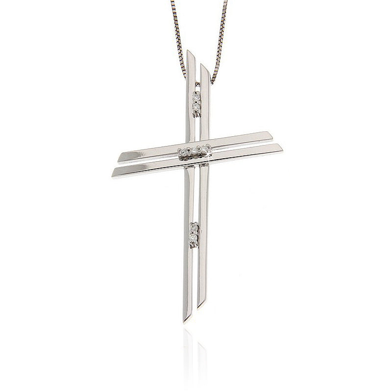 Double cross pendant in 18K white gold with geometric layered bars and round diamond accents, Encore DT Italian-made exclusive