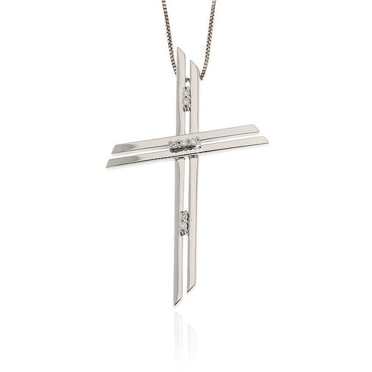 Double cross pendant in 18K white gold with geometric layered bars and round diamond accents, Encore DT Italian-made exclusive