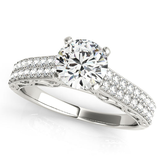 Vintage-inspired halo engagement ring with 1CT Round Lab Diamond, 36 pavé diamonds, intricate charm in 14K White Gold