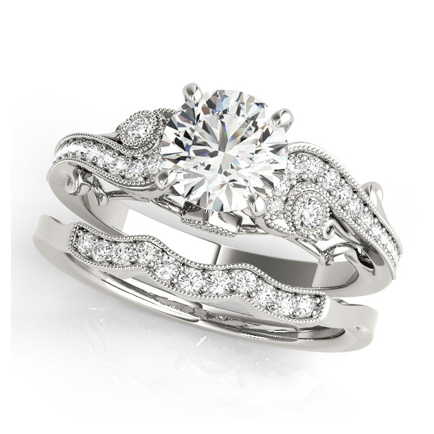 14K White Gold Vintage Diamond Engagement Ring Curved Shank Filigree