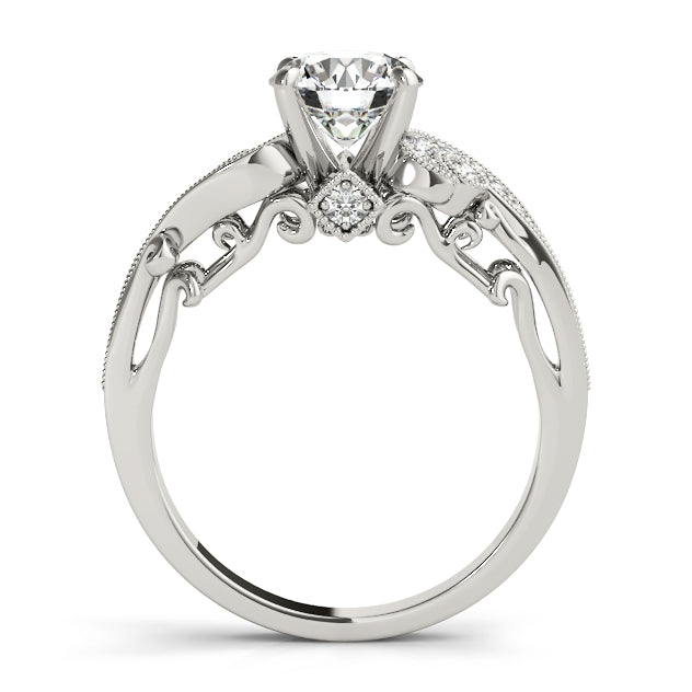 14K White Gold Vintage Diamond Engagement Ring Curved Shank Filigree