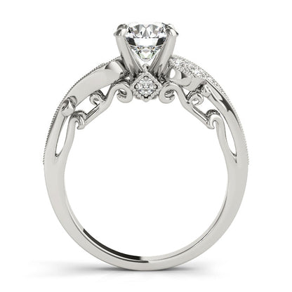 14K White Gold Vintage Diamond Engagement Ring Curved Shank Filigree