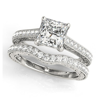 1CT Princess Cut Diamond Engagement Ring 14K White Gold Vintage Trellis