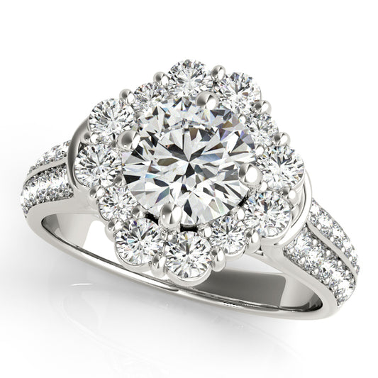 Floral-inspired round-cut engagement ring with 1CT Round Lab Diamond, halo and split-shank pavé band in 14K White Gold