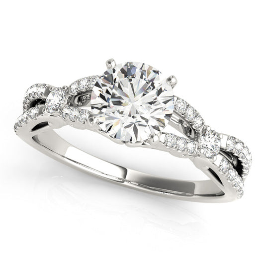 Split-shank engagement ring with 1CT Round Lab Diamond, 38 pavé side diamonds, vintage scrollwork in 14K White Gold