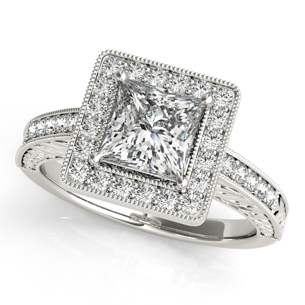 Cathedral-style engagement ring with 1CT Cushion Cut Lab Diamond, diamond halo and filigree crafted in 14K White Gold