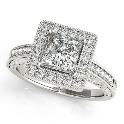 Cathedral-style engagement ring with 1CT Cushion Cut Lab Diamond, diamond halo and filigree crafted in 14K White Gold