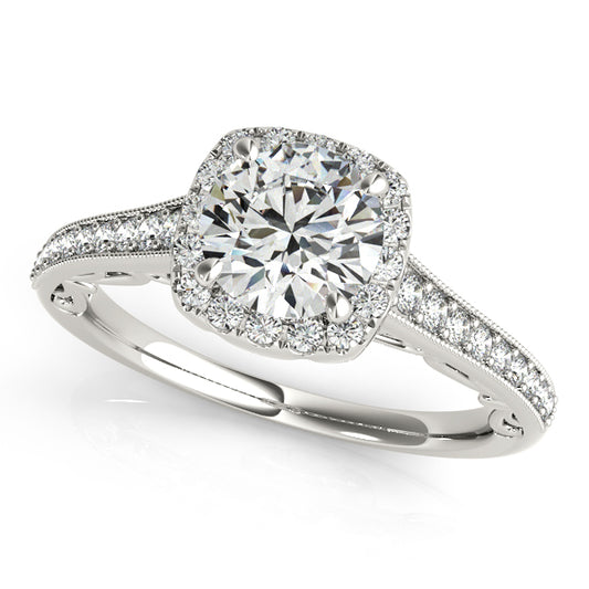 Square halo engagement ring with 1CT Round Lab Diamond, 48 pavé diamonds, heart accents and scrollwork in 14K White Gold