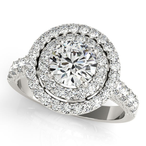 Classic round-cut engagement ring with 1CT Round Lab Diamond, double halo, milgrain and pavé band in 14K White Gold (VS1/F Color)
