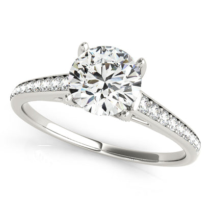 Stylish engagement ring with 1CT Round Lab Diamond, 35 pavé side diamonds, hidden halo beneath crafted in 14K White Gold