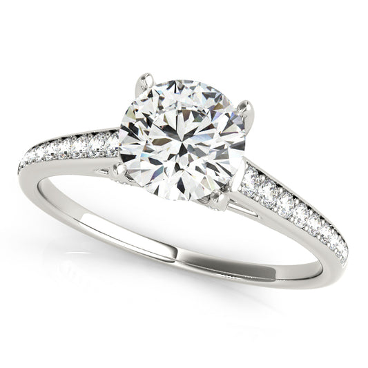 Stylish engagement ring with 1CT Round Lab Diamond, 35 pavé side diamonds, hidden halo beneath crafted in 14K White Gold