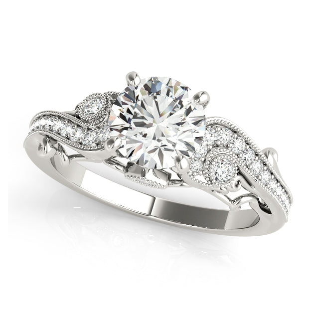 Vintage-inspired halo engagement ring with 1CT Round Lab Diamond, 30 side stones, swirl accents crafted in 14K White Gold