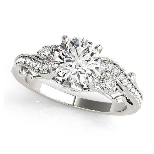 Vintage-inspired halo engagement ring with 1CT Round Lab Diamond, 30 side stones, swirl accents crafted in 14K White Gold