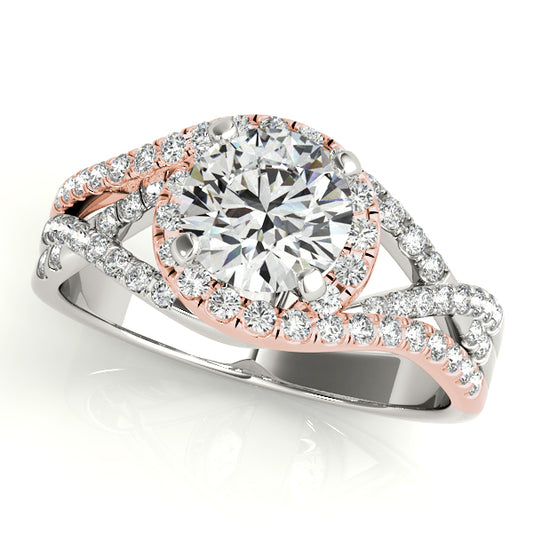 Two-tone split-shank halo engagement ring with 1CT Round Lab Diamond and pavé-set side diamonds in 14K White and Rose Gold (VS1/F Color)