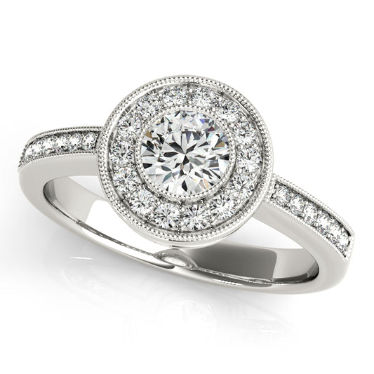 Round engagement ring with 1CT Lab Diamond, bezel setting, double halo, and scrollwork crafted in 14K White Gold