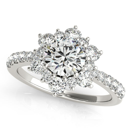 Round halo engagement ring with 1CT Round Lab Diamond (VS1/F Color), 24 pavé diamonds, open gallery and sleek 14K White Gold band
