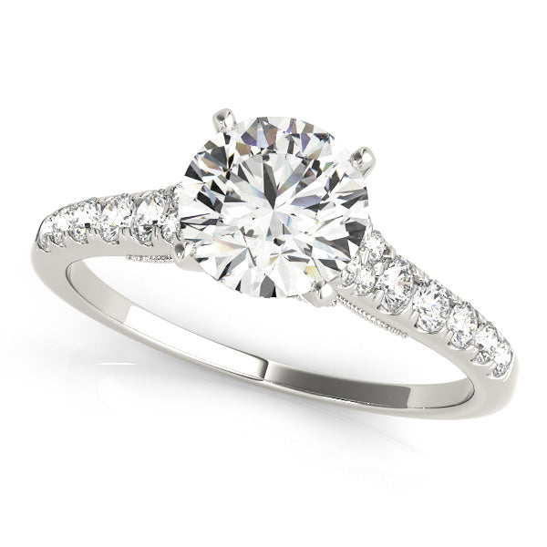 Cathedral engagement ring featuring 1CT Round Lab Diamond (VS1/F Color) with 24 side diamonds and milgrain accents in 14K White Gold