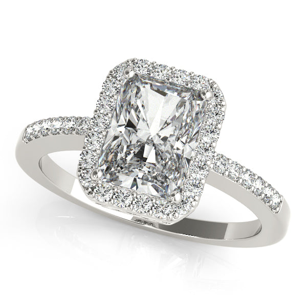 Emerald-cut engagement ring with 1CT Emerald Cut Lab Diamond, solitaire band and halo crafted in 14K White Gold (VS1/F Color)