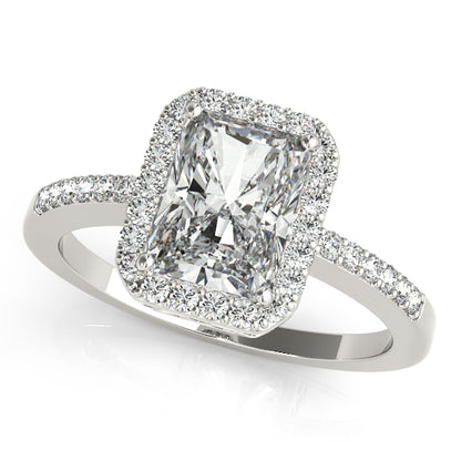 Emerald-cut engagement ring with 1CT Emerald Cut Lab Diamond, solitaire band and halo crafted in 14K White Gold (VS1/F Color)