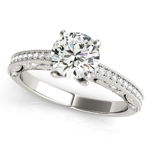 Halo engagement ring with 1CT Round Lab Diamond, 47 pavé side diamonds, open gallery, and vintage milgrain band in 14K White Gold