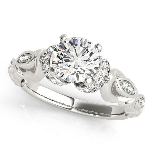 Botanical-inspired halo engagement ring with 1CT Round Lab Diamond, 26 diamonds, leaf motifs crafted in 14K White Gold