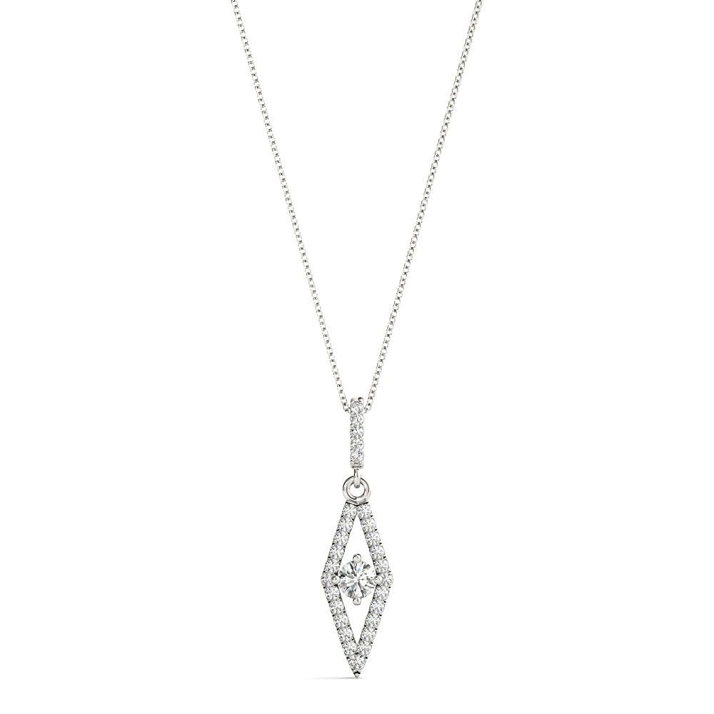 White gold geometric diamond pendant necklace with floating round-cut center stone
