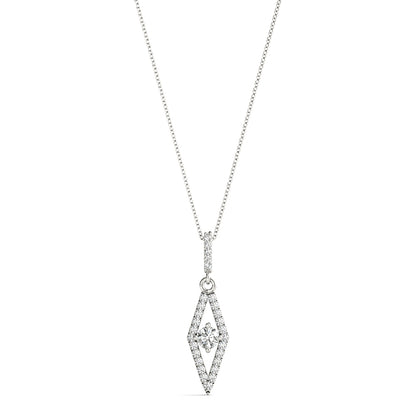 White gold geometric diamond pendant necklace with floating round-cut center stone
