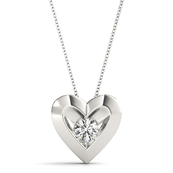 Heart-shaped white gold pendant with 1/4CT lab diamond in floating tension setting, suspended on a 16-inch chain
