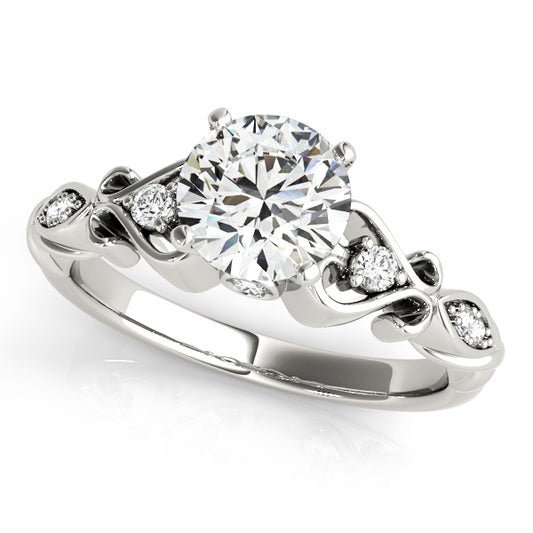 Solitaire engagement ring with 1CT Round Lab Diamond, halo accents, hidden heart scrollwork crafted in 14K White Gold