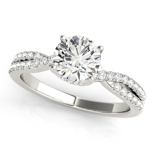 White gold trellis engagement ring with 1CT Round Lab Diamond and twisted pavé shank crafted in 14K White Gold