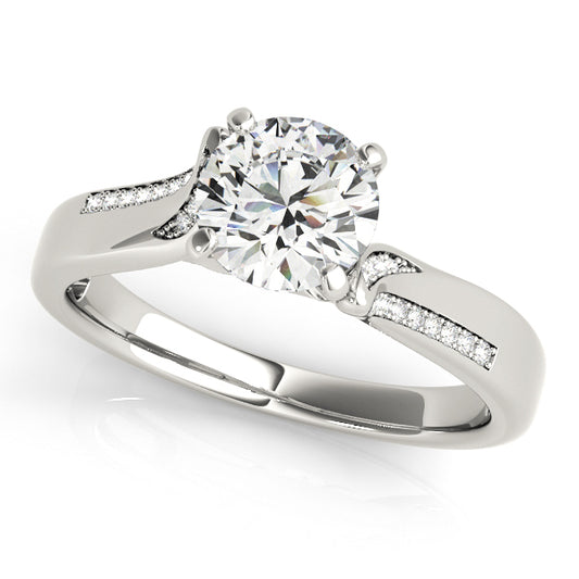 White gold channel-set engagement ring with 1CT Round Lab Diamond and curved trellis band crafted in 14K White Gold
