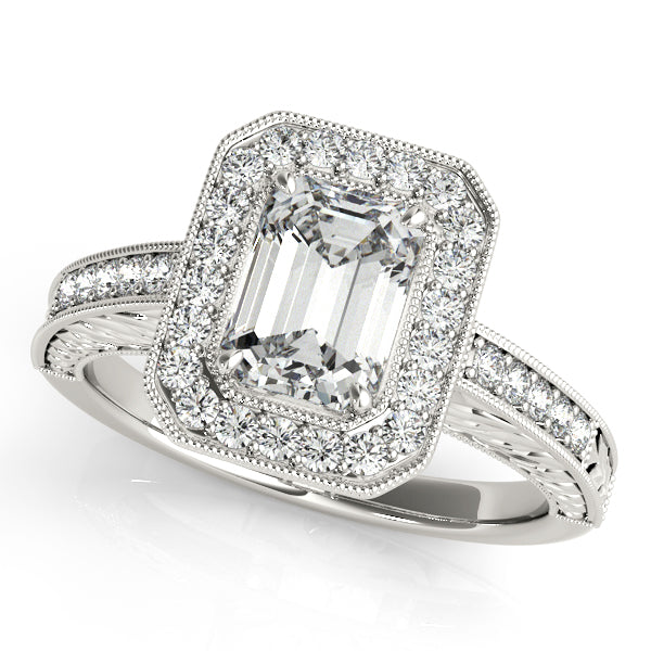 Emerald-cut engagement ring with 1CT Emerald Cut Lab Diamond, 40-diamond halo and tapered pavé band crafted in 14K White Gold