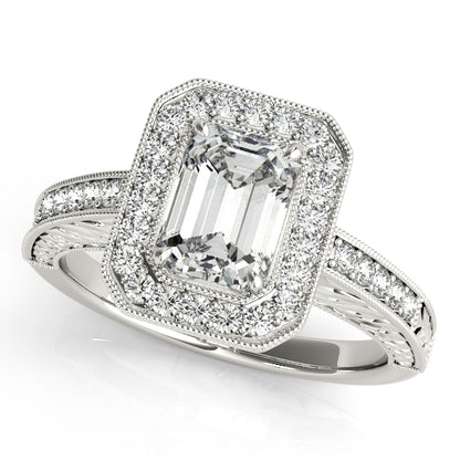 Emerald-cut engagement ring with 1CT Emerald Cut Lab Diamond, 40-diamond halo and tapered pavé band crafted in 14K White Gold