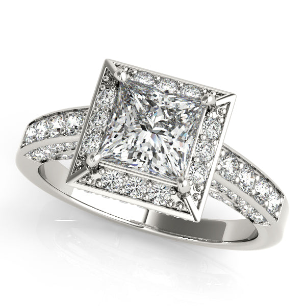 Princess-cut engagement ring featuring 1CT Princess Cut Lab Diamond, double halo and artistic open gallery crafted in 14K White Gold