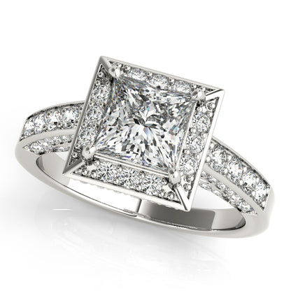 Princess-cut engagement ring featuring 1CT Princess Cut Lab Diamond, double halo and artistic open gallery crafted in 14K White Gold
