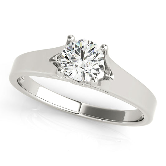 Solitaire engagement ring with 1CT Round Lab Diamond, cathedral halo accents, petal-inspired gallery crafted in 14K White Gold